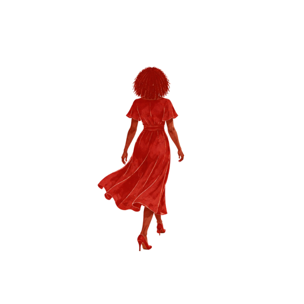 The woman in the red dress from the Called to Start cover, walking forward
