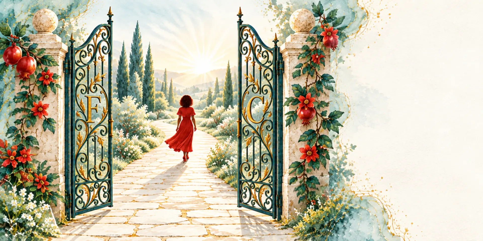 A woman walking through garden gates marked F and C, symbolizing her faithful yes.
